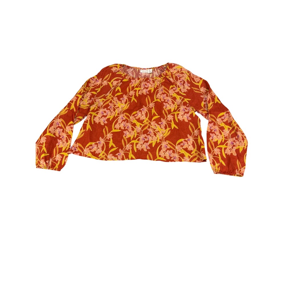 Rachel Zoe Womens Large 100% Linen Floral Orchid Print Blouse Orange Long Sleeve